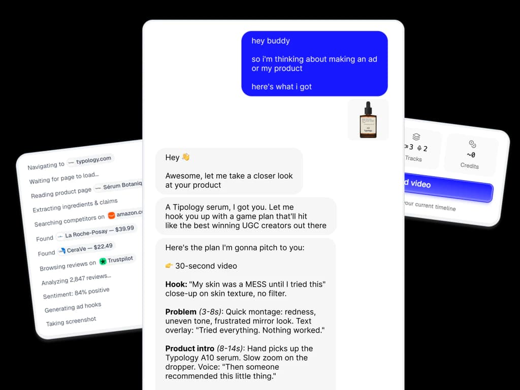 AI agent chat conversation interface showing an automated UGC video creation workflow. Displays a product URL or brief as input, followed by the AI-generated response with a detailed video plan — hook, script, scene breakdown with durations — and a "Build" button to generate the full ad automatically, demonstrating the zero-prompt product-link-to-video pipeline.